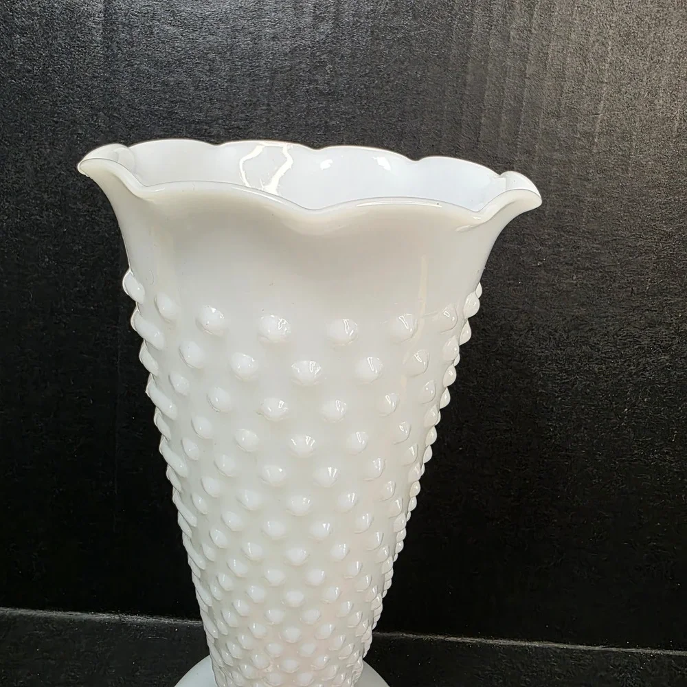 Hobnail Milk Glass Vase Scalloped Trumpet 9 Inch White Vintage Pedestal